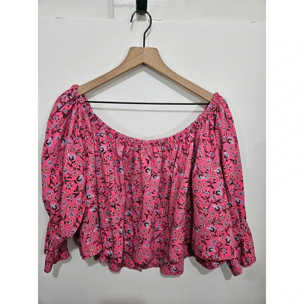 Free People M Pink Floral Peasant Blouse 100% Cotton Puff Sleeve Boho Cottagecor